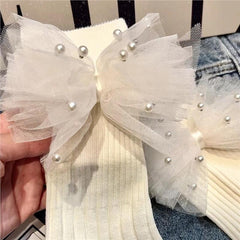 Coquette Tulle Bow Crew Socks With Pearl Accents, Ribbed Knit Sweet Socks For Balletcore & Preppy Style