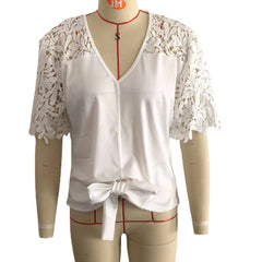 V-Neck Commuter Sexy Lace Hollow-Out Solid Color Three-Quarter Sleeve Chiffon Blouse