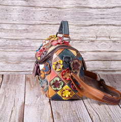 Full-grain Leather Handmade Floral Contrast-color Patchwork Tote Shoulder Bag