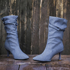 New French Style Retro Denim Pointed Toe Stiletto Heel Ankle Boots For Women, Pleated, Slim & Versatile Fashion Boots