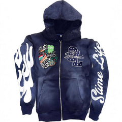 Hooded Cardigan Jacket Embroidered Print Mens Sweatshirt
