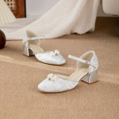 Light Blue Jacquard One-piece Platform High-heeled Women's Shoes. Oriental Beauty Pearl Buttoned Square-toe Hollow High-heeled Shoes. Elegant Versatile Single Shoes. Elegant Formal And Casual Shoes Fo