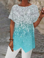 2026 European And American Summer Cross-border New Style Geometric Print Loose Short-sleeved T-shirt With Asymmetrical Hem
