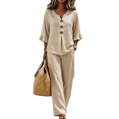 Womens V-neck Ruffle Three-Quarter Sleeve Top And Pants Two-Piece Set