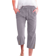 Womens Solid-Colored Drawstring Cotton-Linen Casual Loose-Fit Home Cropped Pants With Buttons And Pockets