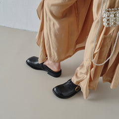 Women's Washed Full Grain Leather Buckle Mules, Retro Low Block Heel Backless Shoes