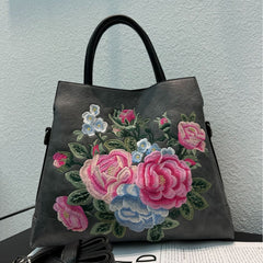 Tote Bag With Embroidered Peony Flowers Ethnic-style Textured Design