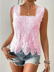 Womens Elegant Square-neck Lace Hollow-out Sleeveless Top