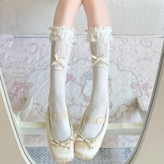 Spring & Summer Lace Trim Solid Color Mid-Calf Socks, Women Thin Bow Slouchy Socks, JK Short Ankle Socks