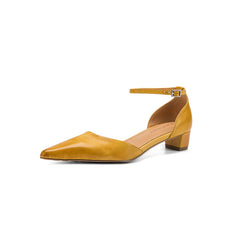 Women's Handmade Washed Leather Ankle Strap Pumps, Genuine Full-Grain Leather Pointed Toe Low Block Heel Sandals