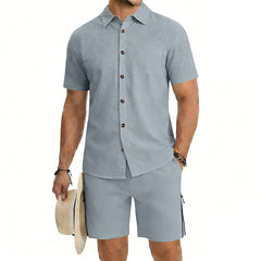 Mens Short-Sleeve Button-Down Shirt Drawstring Shorts Two-Piece Set