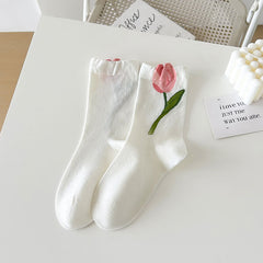 Women's Socks, Spring And Summer New Mid-Calf Socks, 3D Floral Slouch Socks, Versatile Sweet Tulip Flower Student Socks