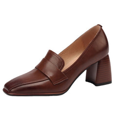 Retro Brown Chunky-Heel Pumps Women's Sheepskin