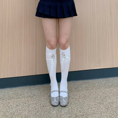 Coquette Black Knee High Socks With White Lace Wrap & Safety Pin, Gothic Lolita Socks With Crisscross Lace Strap, Sweet Edgy Socks For Mary Jane Shoes & Alt Style