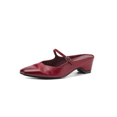 Women's Washed Full Grain Leather Mary Jane Mules, Low Heel Square Toe Slide Sandals