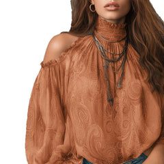 Retro Cashew-print High-neck Off-shoulder Chiffon Blouse