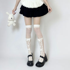 Lolita Over-the-knee Stockings, Sweet Bow With Cross Lace, White Silk Stockings For Girls, Thin Style For Summer