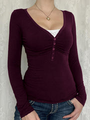 Women's Solid Color Long-Sleeve Bottoming T-Shirt With Buttons
