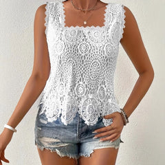 Womens Elegant Square-neck Lace Hollow-out Sleeveless Top