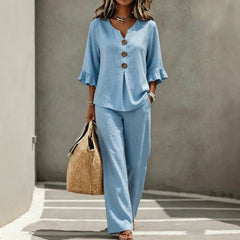 Womens V-neck Ruffle Three-Quarter Sleeve Top And Pants Two-Piece Set