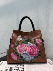 Tote Bag With Embroidered Peony Flowers Ethnic-style Textured Design