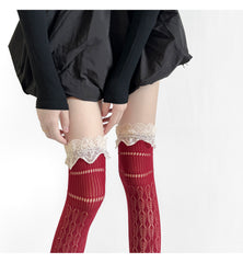 Coquette Red Sheer Lace Knee High Socks With Beige Ruffle Trim, Hollow-Out Slouchy Knit Socks, Sweet Balletcore Socks For Mary Jane Shoes & Lolita Style