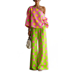 Womens Colorful Polka-Dot Off-Shoulder Flowy Two-Piece Pants Set