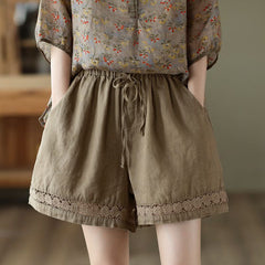 Thin Elastic-Waist Lace-up Hollowed-Out Casual Cotton-Linen Straight Pants