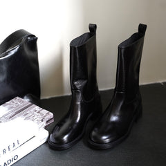 Genuine Leather Mid-calf Vintage Straight-leg Riding Single-layer Boots