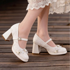 Mie Bai Lace Mary Jane Platform High Heels - Retro Soft Style Bridal Shoes - Versatile White High Heels