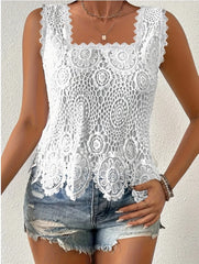 Womens Elegant Square-neck Lace Hollow-out Sleeveless Top