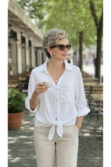 Solid-color Buttoned V-neck Casual Versatile Lace-up Shirt