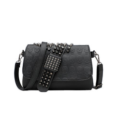 Womens Rivet Embossed Black Skull Shoulder Crossbody Bag