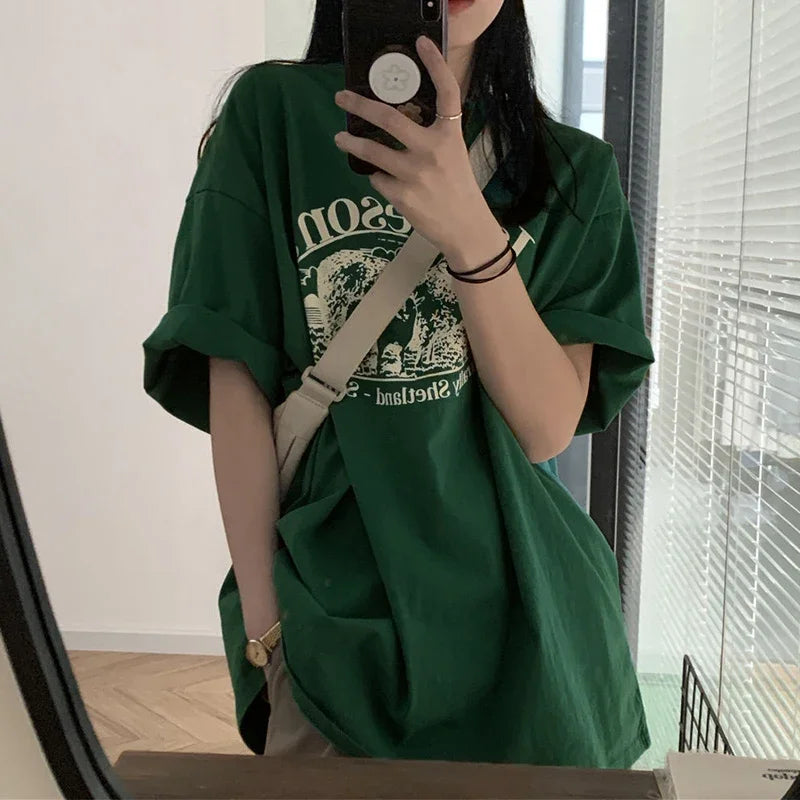 '-Green Letter Printing Tees for Women Loose Casual O-Neck Tops Female Clothing Half Sleeve Fashion Summer Hot Tshirt 2025