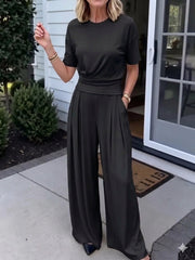 Womens Loose Crew-Neck T-Shirt And Wide-Leg Pants Two-Piece Set