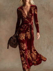3D Geometric Line Pattern V-Neck Long-Sleeve Womens Dress