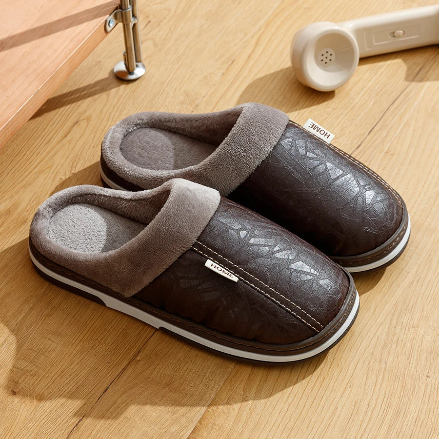 Big Size Winter Casual Men'S Slippers Indoor Waterproof PU Leather Home Shoes Fur Flat Warm Fashion Bedroom Houseshoes
