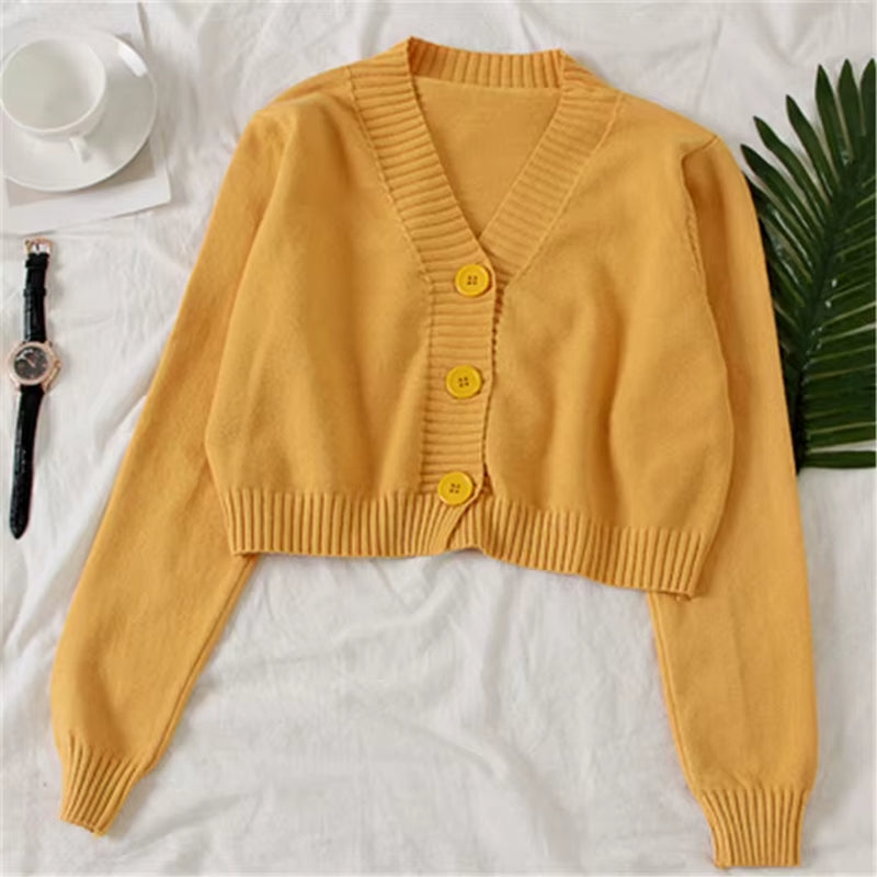 Women'S Cropped Cardigan Sweaters Female Black White Short Sweater V Neck Single Breasted Sweater Woman Knitted Cardigan Tops