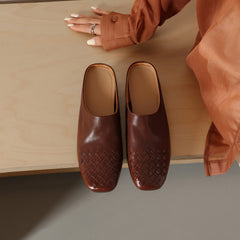 Women's Hand-Woven Washed Full Grain Leather Mules, Square Toe Slip-On Backless Loafers