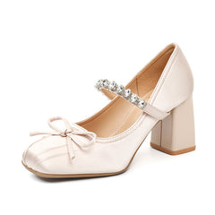 Women's Bow-Tied Square-Toe Rhinestone Chunky Heel High Heels
