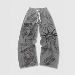 Retro Letter Print Mens Loose Casual Pants
