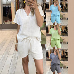 Womens Casual V-Neck Pullover Short-Sleeve Top And Shorts Set