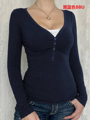 Women's Solid Color Long-Sleeve Bottoming T-Shirt With Buttons