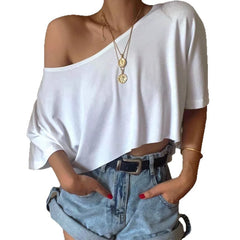 Casual Womens Off-Shoulder Midriff-Baring Sexy Short T-Shirt Top