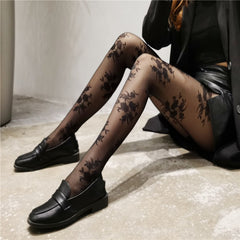 Retro Rose White Silk Socks Women's Summer Thin Black Silk Anti Hook Silk Jacquard Pants Socks Sweet And Sexy