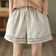 Thin Elastic-Waist Lace-up Hollowed-Out Casual Cotton-Linen Straight Pants