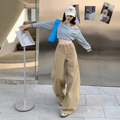 Khaki Loose-fit Wide-leg Cargo Jeans