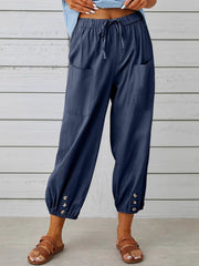 Buttoned Two-tone Linen Cropped Harem Pants