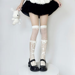 Lolita Over-the-knee Stockings, Sweet Bow With Cross Lace, White Silk Stockings For Girls, Thin Style For Summer