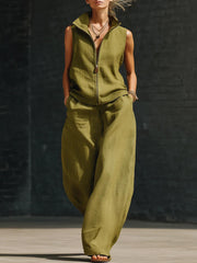 Sleeveless Stand Collar Zippered Linen Cotton Two-Piece Set